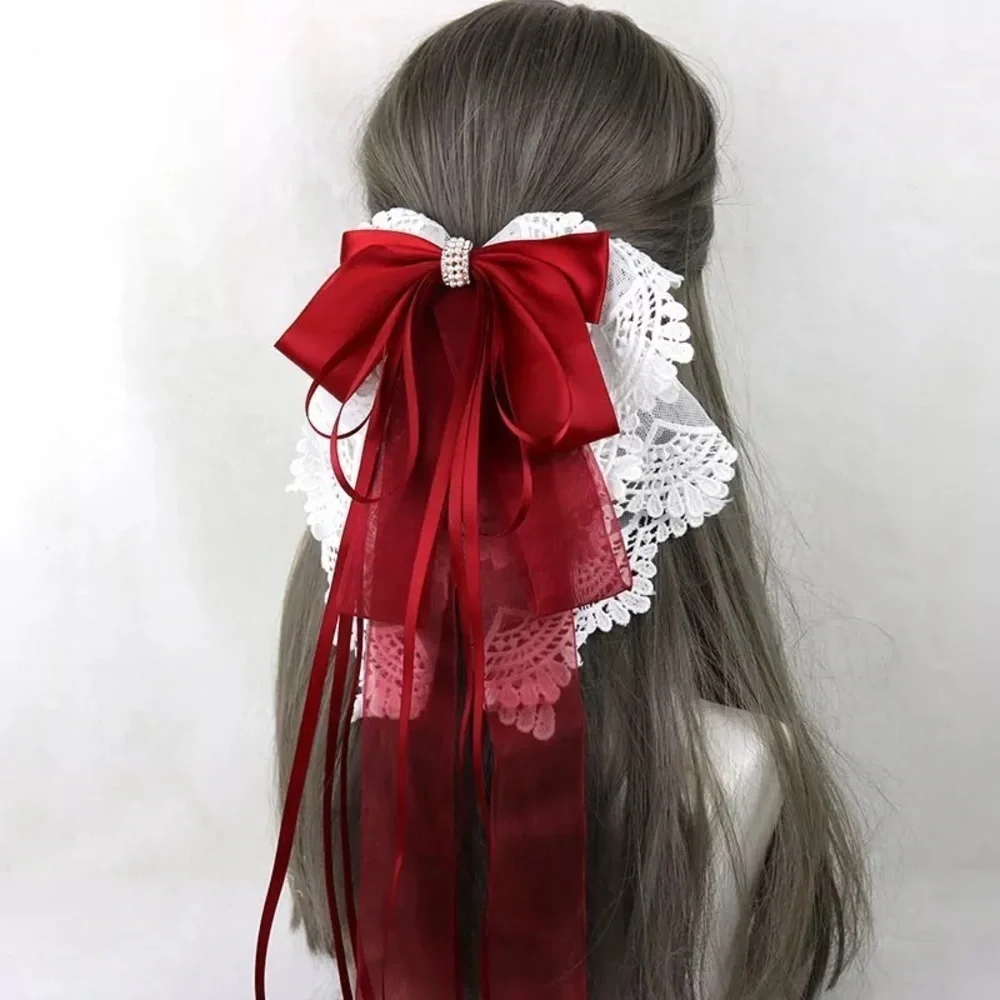 Black - Long Oversized Satin & Lace Bow French Barrette Hair Clip
